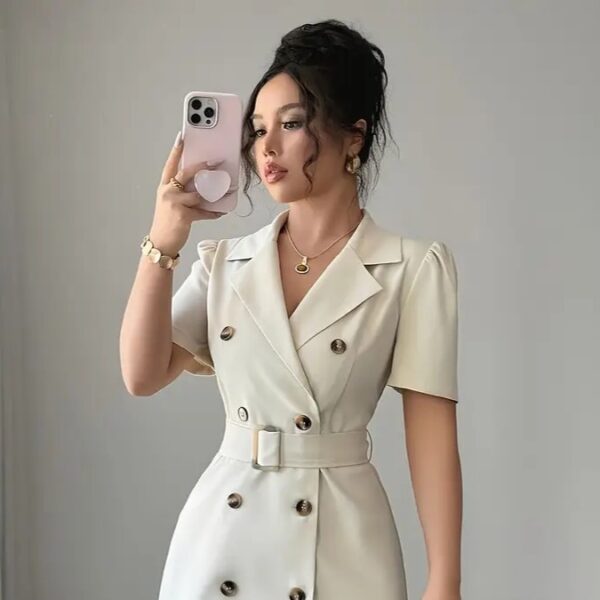 Women'S Light Beige Double-Breasted Blazer Dress with Belted Waist
